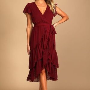 Lulu’s Have Harmony Burgundy Swiss Dot Ruffled Faux Wrap Midi Dress, size L